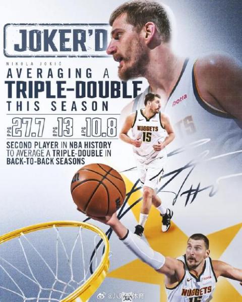 约基奇成为历史首位同时领跑篮板和助攻榜球员 场均12.9板10.7助